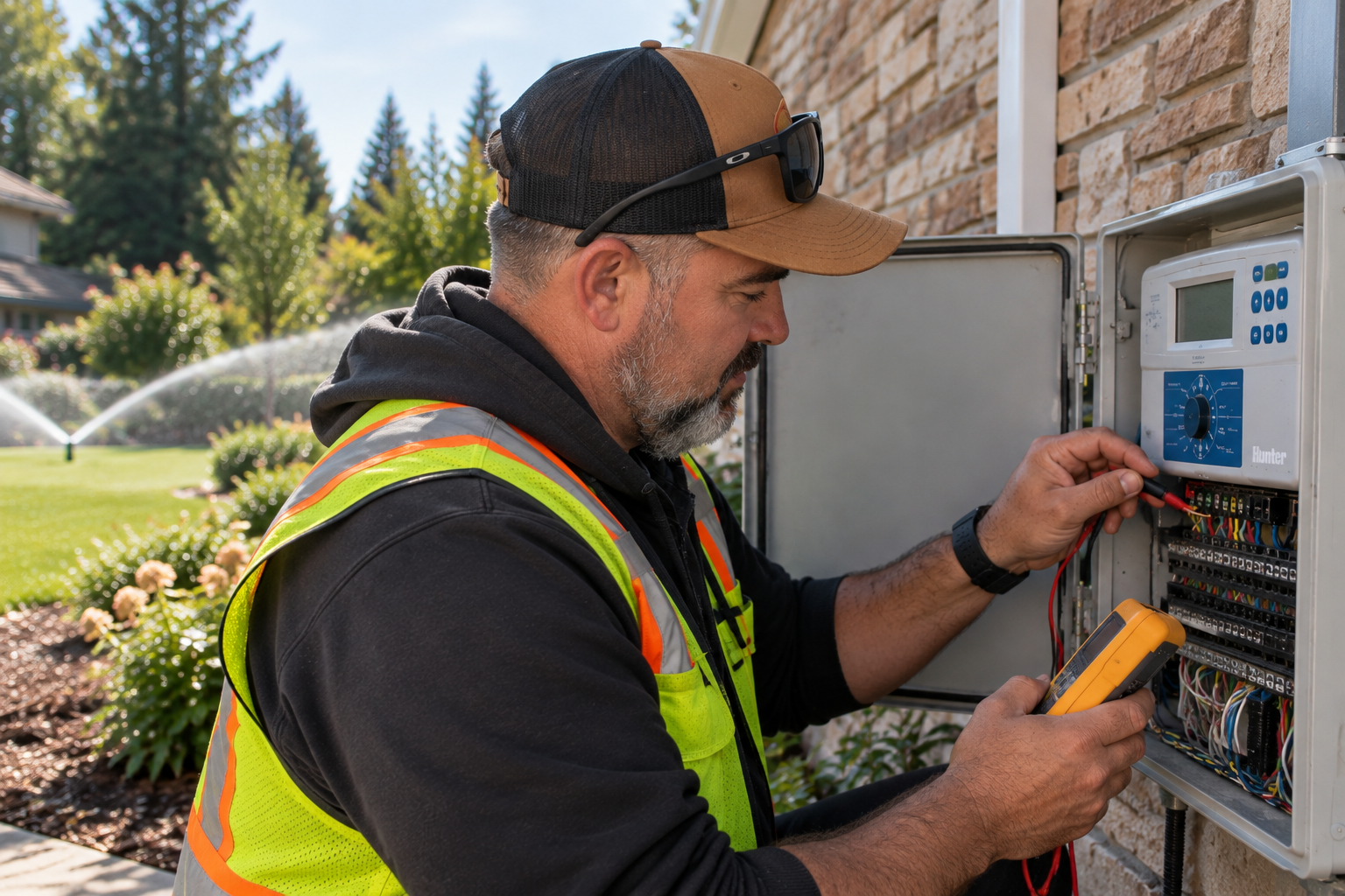 Mike Harcott performing precision electrical troubleshooting and diagnostics on a commercial irrigation controller panel